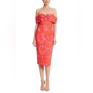 Badgley‎ Mischka Pink/Red Floral Off-the-Shoulder Sheath Midi Dress